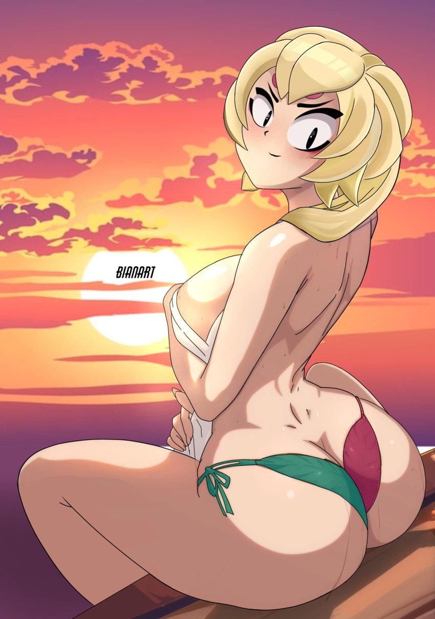 ass ass_focus beach bianart big_breasts bikini blonde_hair brawl_stars breasts charlie_(brawl_stars) female female_focus female_only mostly_naked naked sitting tagme towel