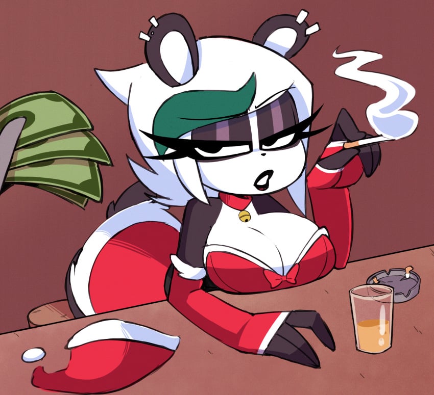 anthro bell_collar big_breasts breasts christmas_outfit cleavage collar female money nelljoestar panda piercing prostitution smoking