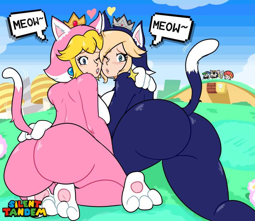 2girls 3boys ?_block animal_feet animal_hands animal_legs ass ass_focus back back_view backboob big_thighs blonde_hair blue_eyes blush boomerang_suit booty breasts brick_block bubble_ass bubble_butt cat_costume cat_ears cat_mario cat_paws cat_peach cat_rosalina cat_suit cat_tail crown earrings eyebrows_visible_through_hair female female_focus fully_clothed hair_over_one_eye hearts highres huge_ass huge_breasts human human_only large_breasts large_thighs light-skinned_female lips lipstick looking_at_viewer looking_back looking_back_at_viewer luigi male mario mario_(series) meowing motion_lines nintendo one_eye_closed outdoors pearl_earrings platinum_blonde_hair princess_peach princess_rosalina seductive sexually_suggestive silenttandem speech_bubble star_earrings super_mario_3d_world tail teal_eyes teeth text thick thick_ass thick_thighs thighs toad_(mario) wide_hips