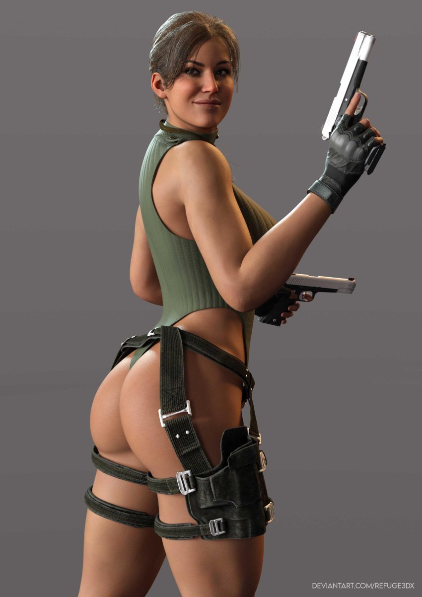 1girls 2024 3d ass brown_hair call_of_duty dual_wielding fanart female female_only fingerless_gloves gloves gun holding_gun holding_object holding_pistol holding_weapon lara_croft lara_croft_(cod) refuge3dx solo solo_female tagme tomb_raider