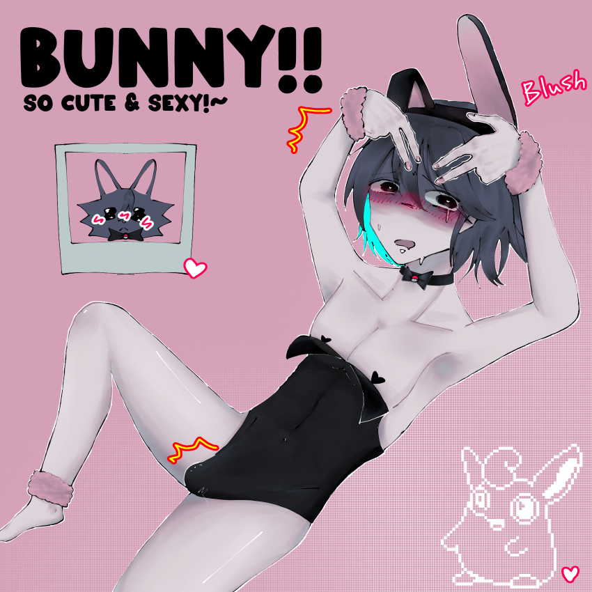 1boy black_eyes black_hair bunny_boy bunny_ears bunnysuit flustered friday_night_funkin friday_night_funkin_lullaby friday_night_funkin_mod grey_(hypnos_lullaby) heart-shaped_pupils hypnos_lullaby looking_at_viewer male male_only