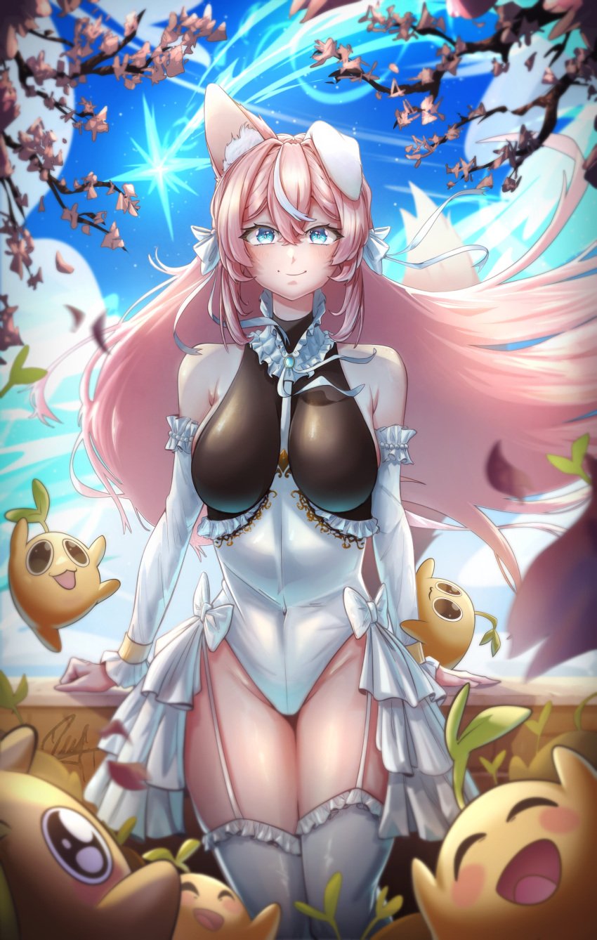 1girl animal_ears bare_shoulders blue_eyes blue_sky blurry blush breasts cloud covered_navel day depth_of_field detached_sleeves dog_ears dog_girl eyebrows_visible_through_hair female hair_between_eyes large_breasts leotard long_hair looking_at_viewer outdoors pink_hair sky smile solo thick_eyebrows thighhighs tree very_long_hair virtual_youtuber vyugen yuniiho_(character)