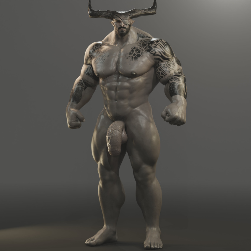 2_horns abs absurd_res anthro arm_tattoo balls biceps chest_tattoo dragon_age eye_patch eyewear genitals hi_res horn humanoid iron_bull male male_focus male_only muscular muscular_humanoid muscular_male nipples nude pecs penis qunari scar solo solo_male tattoo vein veiny_penis voluox