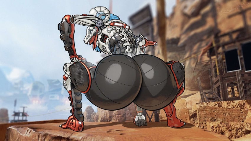 1boy 2d 2d_(artwork) apex_legends blue_mane borisalien bubble_ass bubble_butt looking_at_viewer male_only non-human revenant_(apex_legends) robot robot_boy robot_only squatting thick_ass