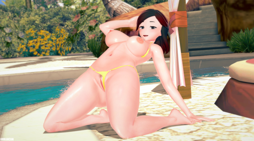 1girls arrancon bikini_bottom bikini_bottom_aside bikini_top_aside black_hair black_hair_female breasts milf pool red_highlights revealing_breasts revealing_pussy rwby silver_eyes summer_rose