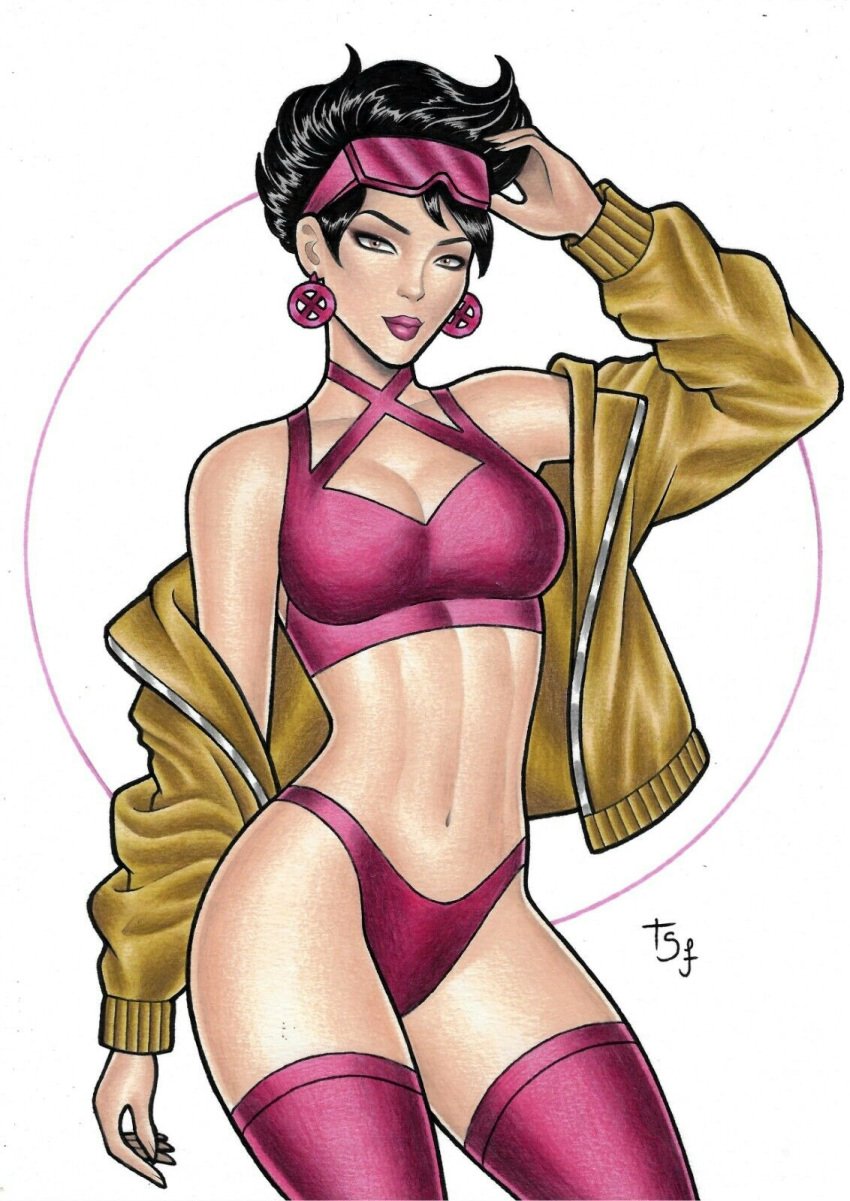 artist_signature asian_female black_hair breasts earrings jacket jubilation_lee jubilee looking_at_viewer marvel marvel_comics stockings sunglasses sunglasses_on_head tsfr02 tubetop white_background x-men