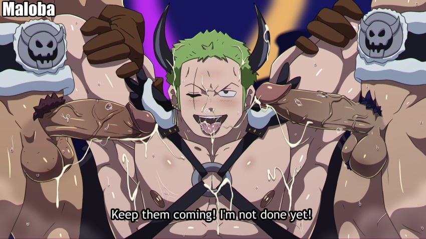 after_sex bukkake cum erection facial male_focus male_only maloba one_piece penis presenting presenting_cum roronoa_zoro tongue_out yaoi