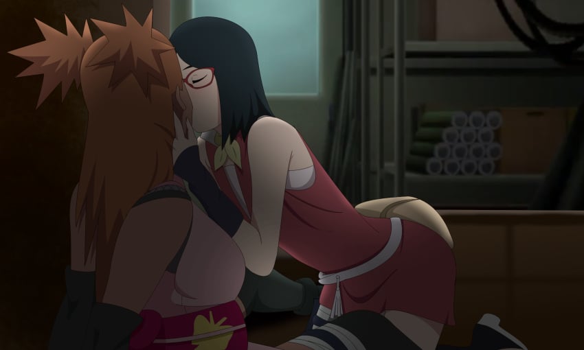 2girls akimichi_chouchou arms_around_neck bag best_friends bff black_hair boruto:_naruto_next_generations chocolate_and_vanilla chubby chubby_female closed_eyes dark-skinned_female dark_skin female female/female female_only glasses hallway holding_object indoors interracial interracial_yuri kissing larger_female light-skinned_female light_skin lipstick long_hair makeup making_out multiple_girls naruto naruto_(series) optimystic orange_hair petite sarada_uchiha size_difference smaller_female very_long_hair voluptuous yuri