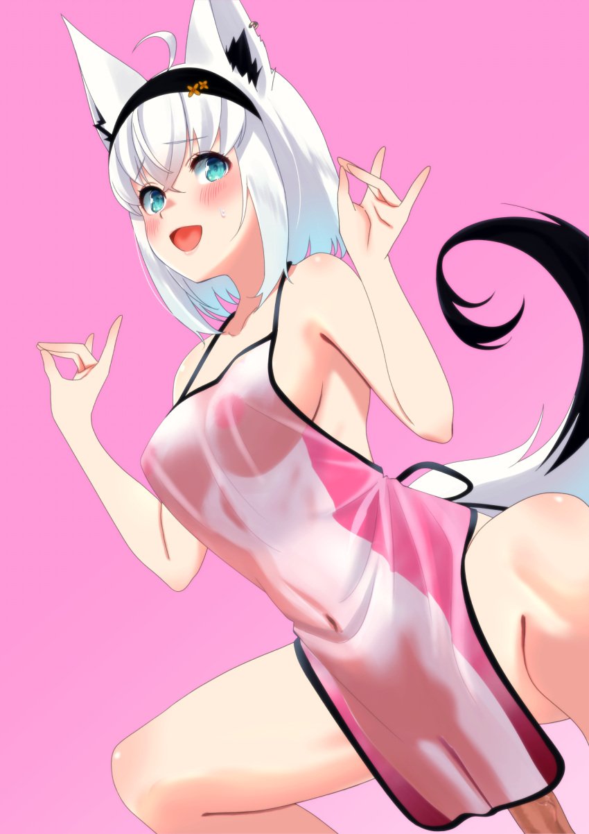 ahoge ambiguous_penetration animal_ear_fluff animal_ears apron aqua_eyes breasts covered_nipples covered_penetration cowgirl_position dildo earrings female fox_ears fox_girl fox_shadow_puppet fox_tail hair_between_eyes highres hololive hololive_gamers hololive_gen_1 hololive_japan implied_penetration implied_sex jewelry large_breasts looking_at_viewer masturbation naked_apron object_insertion pink_apron pink_background see-through sex_toy shirakami_fubuki short_hair sideboob solo spread_legs straddling sweatdrop tail uncensored vaginal_object_insertion vaginal_penetration virtual_youtuber white_hair zabudog777