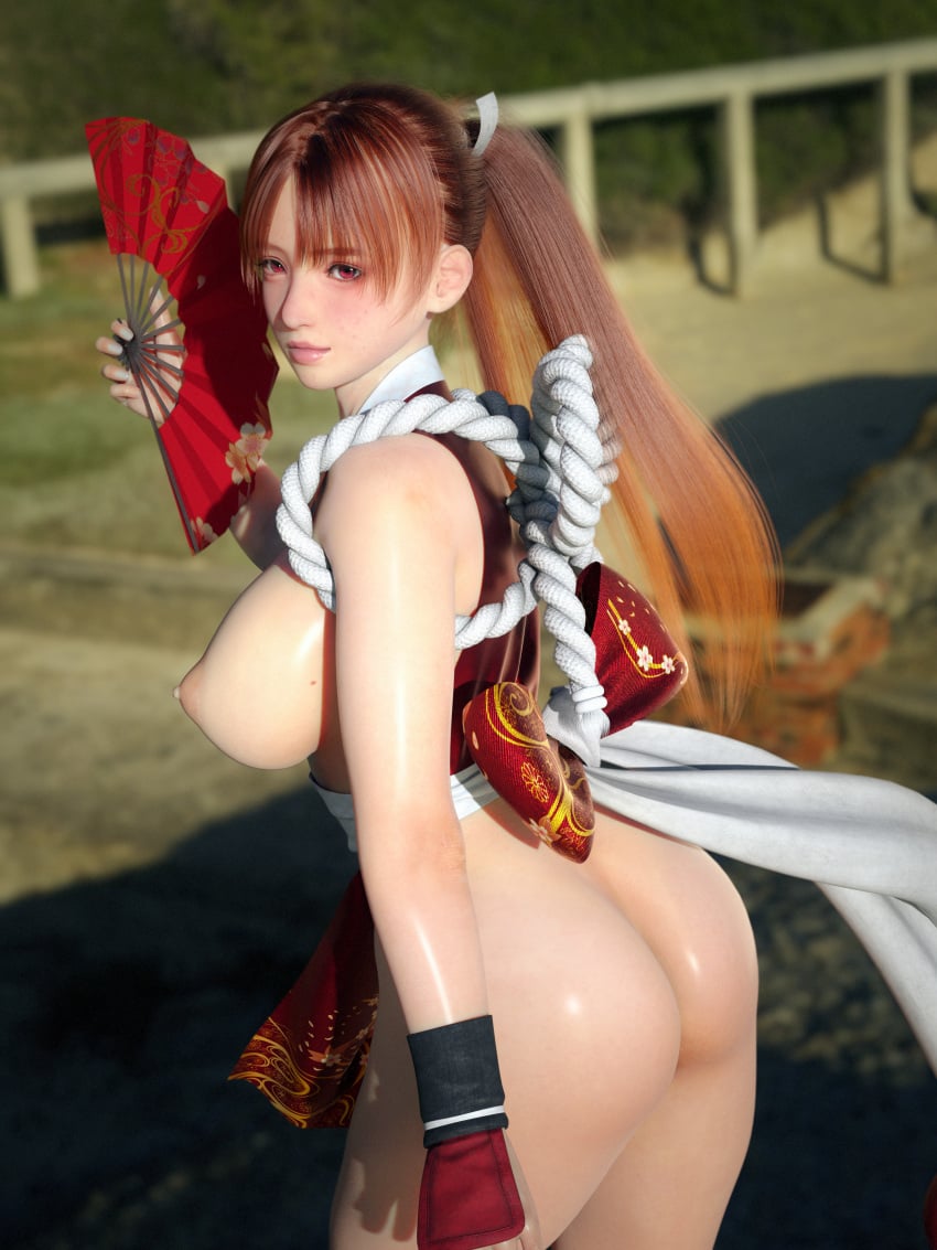 1girls 3d ass bellmav breasts breasts_out brown_eyes brown_hair dead_or_alive dead_or_alive_5 fatal_fury folding_fan incise_soul king_of_fighters large_breasts long_hair m-rs mai_shiranui ponytail solo solo_female