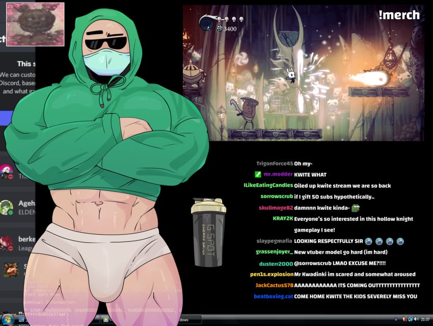 1boy abs bara bulge crossing_arms gamer gay green_hoodie half-dressed hoodie kwite lifted_hoodie masked mentholplug solo solo_male sunglasses thick_thighs twitch twitch_streamer underwear youtube youtuber