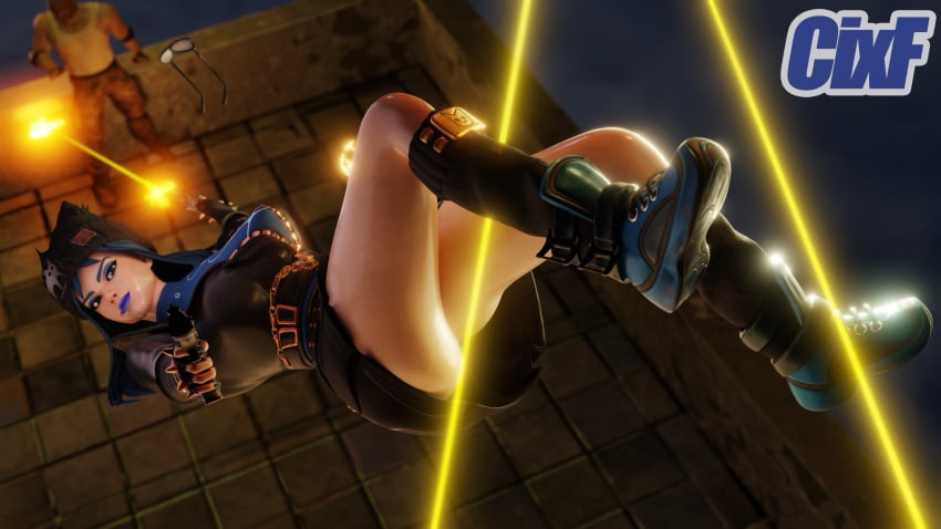 3d cixf desert_eagle fortnite gun hope_(fortnite) in_air shooting skirt thick_thighs wide_hips