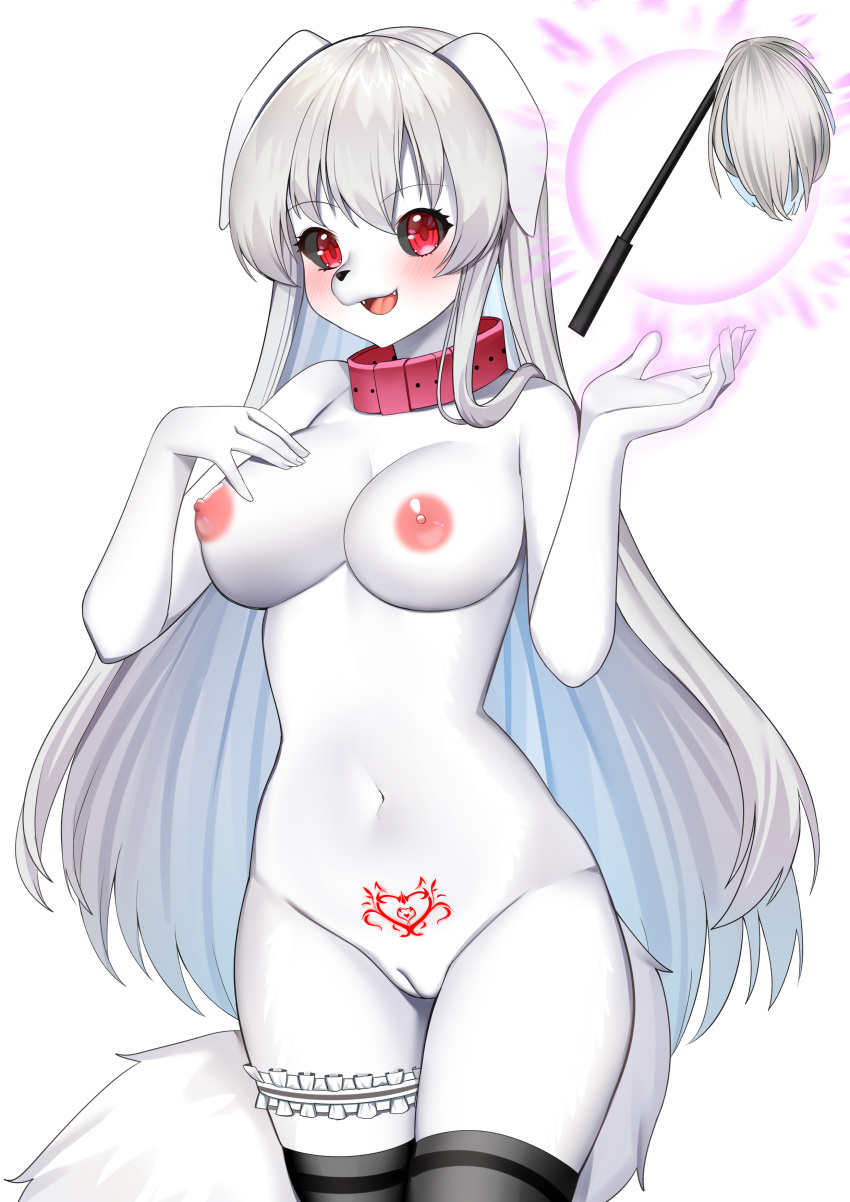 2020 5_fingers absurd_res anthro black_sclera blush breasts canid collar corin cute_fangs female fingers furry genitals hair hi_res long_hair mammal navel neko_lu nipples open_mouth pubic_tattoo pussy red_eyes simple_background smile solo white_background white_body