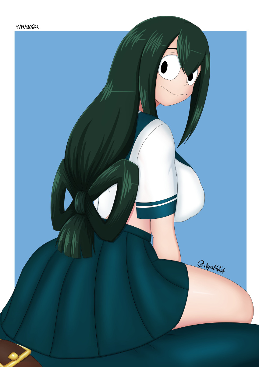 1boy1girl anonymous_male ass belt big_ass big_breasts big_butt boobs breasts bulge butt dymblefish faceless_male green_hair long_hair looking_back my_hero_academia pants school_uniform sitting_on_bulge skirt tsuyu_asui