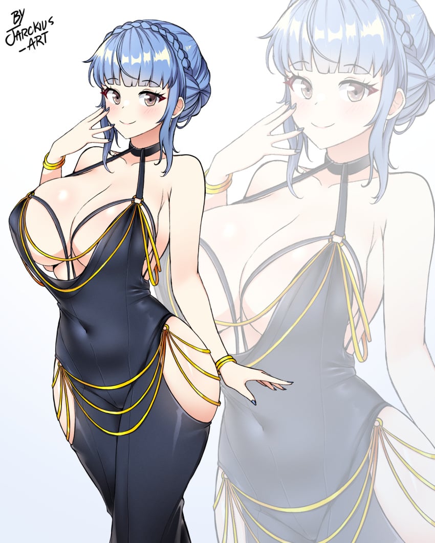 1girls absurdres alternate_costume bare_shoulders black_dress blue_hair blue_nails bracelet braid breasts brown_eyes cleavage covered_navel crown_braid dress female female female_only fire_emblem fire_emblem:_three_houses highres hip_vent jarckius jewelry large_breasts looking_at_viewer marianne_von_edmund meme_attire modakawa_dress nintendo simple_background solo zoom_layer