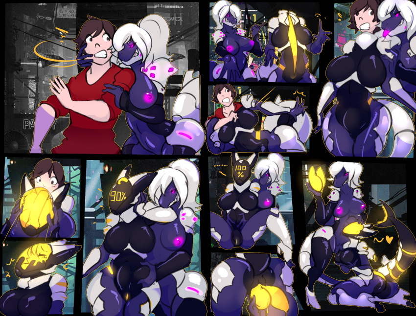 2019 anthro ass breasts comic drone drone_suit drone_transformation droneification dronesuit dronification duo female female/female gender_transformation genitals glowing glowing_eyes hair heart human living_clothing male mammal mind_control mtf_transformation mxl nipples pink_eyes purple_body pussy sharp_teeth shocked smile species_request suit_transformation teeth tongue tongue_out transformation white_hair wide_hips yuri