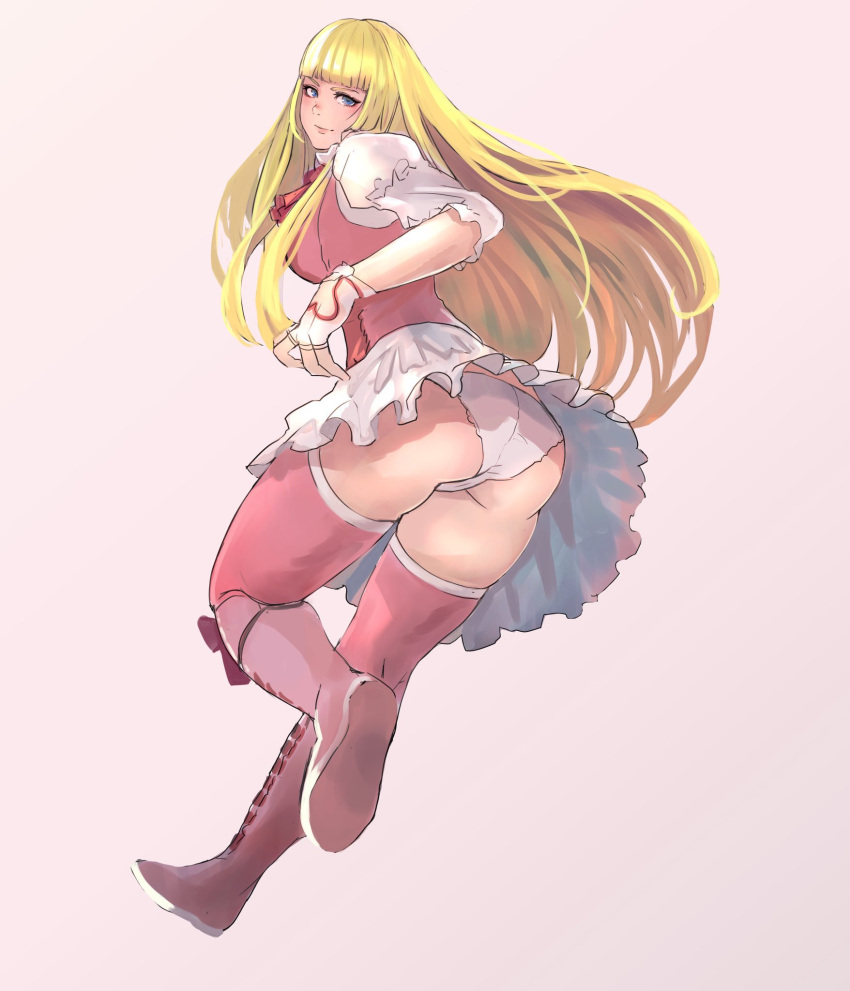 1girls 6maker ass ass_focus blonde_hair blue_eyes blunt_bangs boots bubble_butt busty dress dress_lift emilie_de_rochefort female female_focus female_only full_body high_heel_boots hourglass_figure legs long_hair namco panties rear_view skirt solo tagme tekken thighhighs thighs upskirt wide_hips