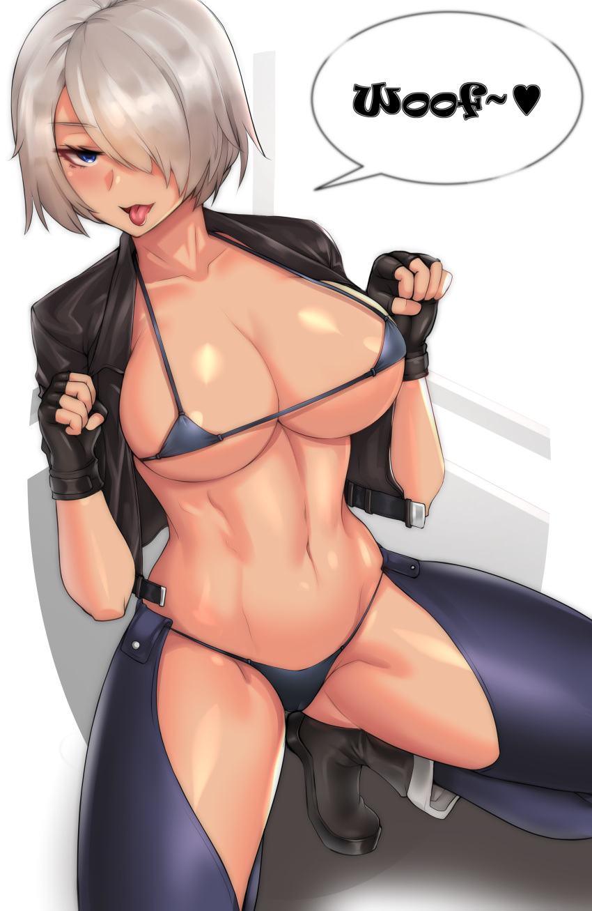 1girls angel_(kof) breasts clothed_female clyde_s english female female_focus female_only king_of_fighters large_breasts latina one_eye_covered short_hair simple_background solo speech_bubble text tongue tongue_out white_background