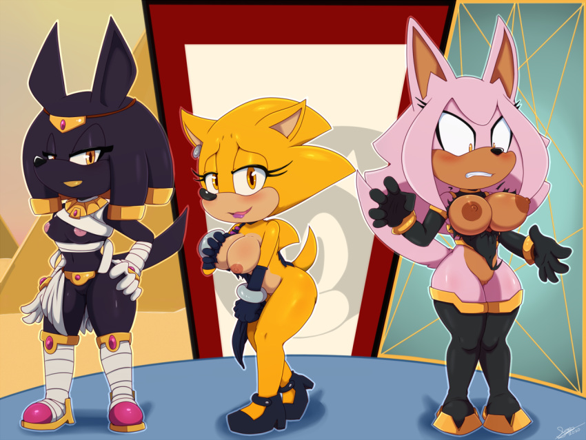 anthro ava_the_hedgehog big_breasts bigdon1992 blush breasts canid canine canis character_request clothed clothing eulipotyphlan fan_character female fur genitals gloves group handwear hedgehog jackal looking_at_viewer mammal nipples open_mouth original original_character original_characters pussy sega small_breasts sonic_(series) sonic_forces sonic_the_hedgehog_(series) wardrobe_malfunction