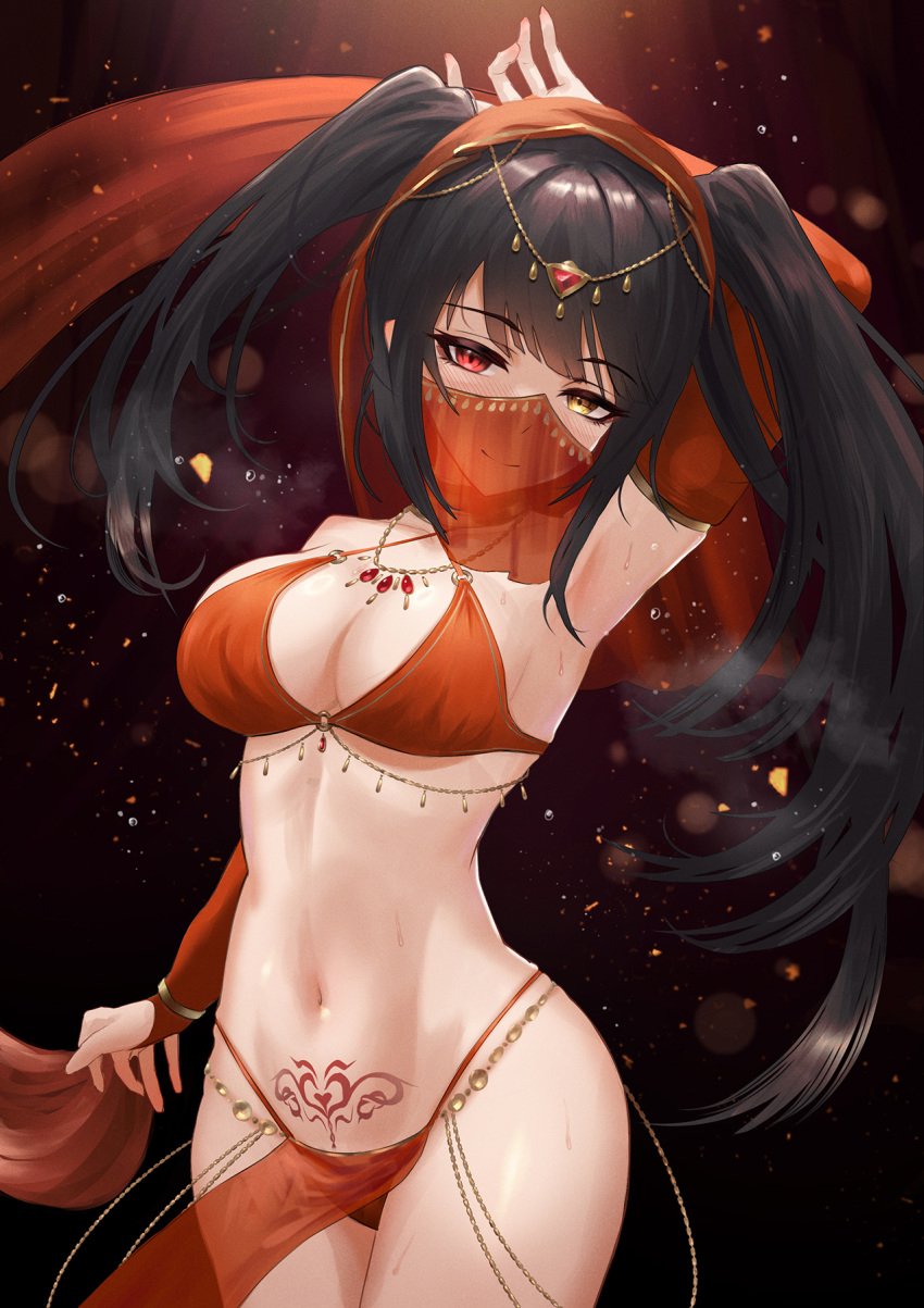 1girls alternate_costume arabian_clothes arm_up armpits bare_shoulders bikini black_hair bracelet breasts bridal_gauntlets cleavage dancer date_a_live earrings female female female_only gino_(gino_h) harem_outfit heterochromia highres jewelry long_hair midriff mouth_veil navel pelvic_curtain pubic_tattoo red_eyes see-through smile solo swimsuit tattoo tokisaki_kurumi twintails veil yellow_eyes