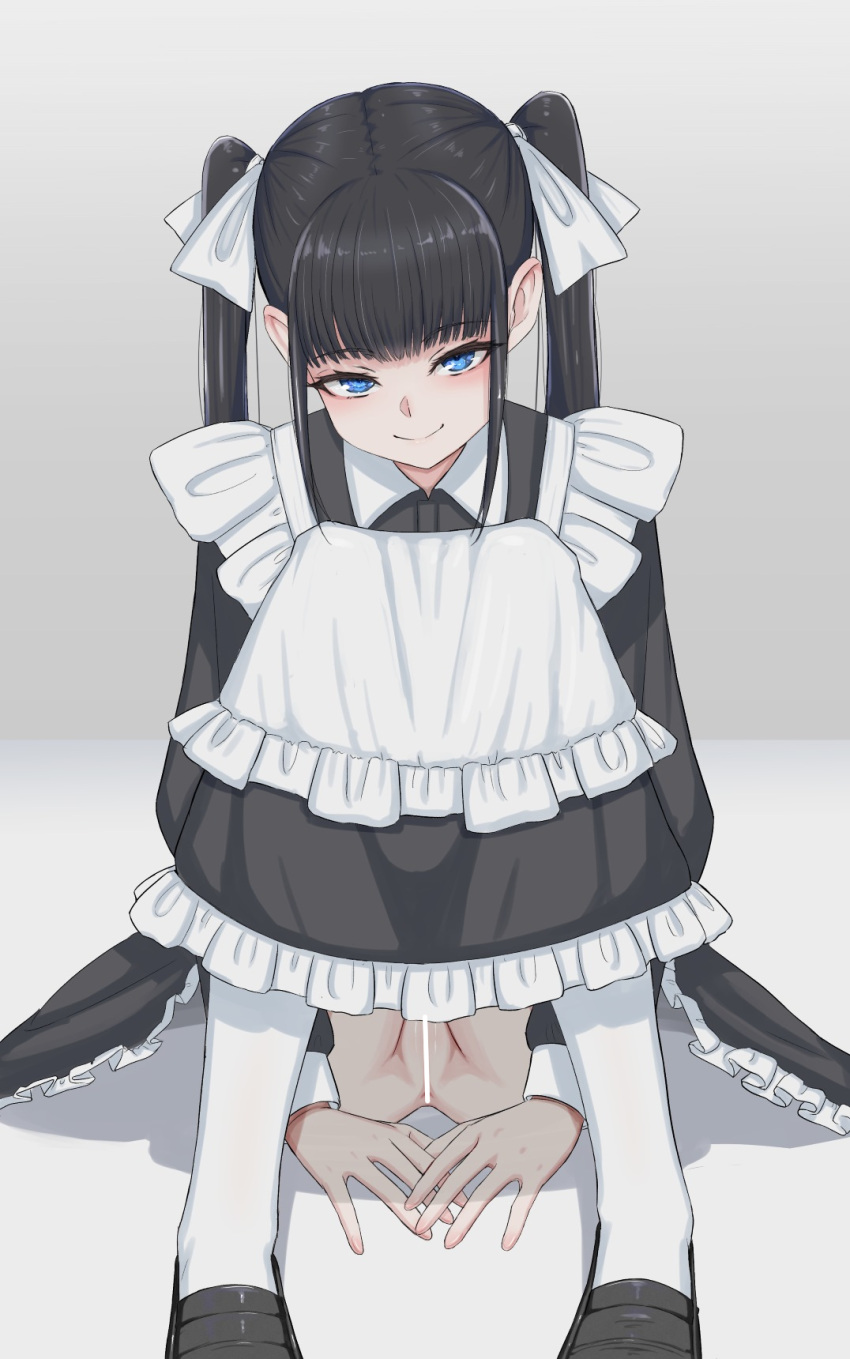 anus apron ass bar_censor black_dress black_hair blue_eyes blunt_bangs bow censored cleft_of_venus collared_dress dress female frilled_apron frills hairbow highres loafers long_hair long_legs long_sleeves looking_at_viewer maid maid_apron maid_headdress mustee no_panties original pussy shoes sidelocks simple_background sitting slim_legs smile socks solo twintails white_apron white_bow white_socks