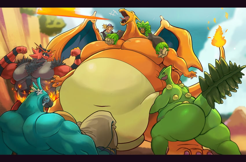 2020 ambiguous_gender anthro belly big_belly breath_of_the_wild breath_powers charizard dragon elemental_manipulation fire fire_breathing fire_manipulation group hi_res huge_belly hyper_belly incineroar kass_(zelda) letterbox male male_focus male_only morbidly_obese nintendo obese outside overweight overweight_ambiguous pokémon_(species) pokemon pokemon_(species) rillaboom rito sceptile standing steen the_legend_of_zelda video_games