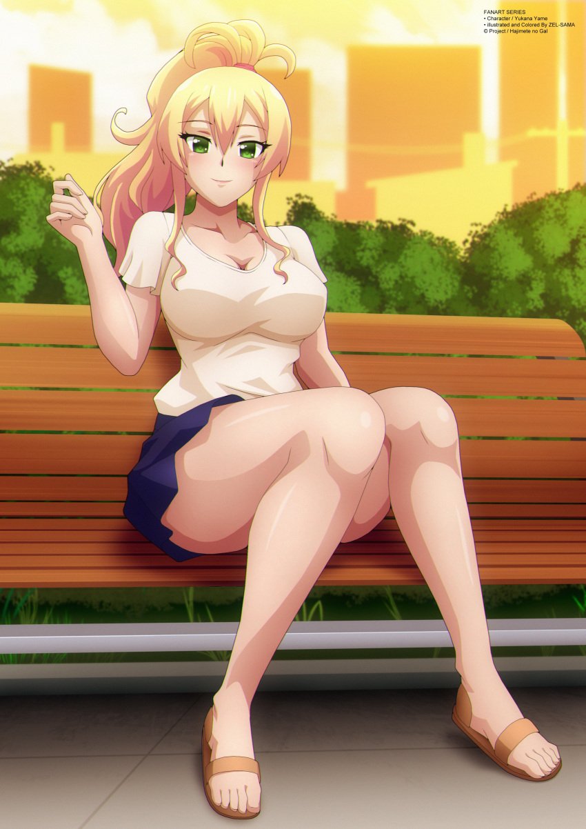 absurdres bench blonde_hair blue_skirt blush breasts brown_footwear building bush city cityscape cleavage cloud collarbone female green_eyes gyaru hajimete_no_gal highres large_breasts long_hair looking_at_viewer ponytail sandals shirt short_sleeves sitting skirt sky skyscraper smile white_shirt yame_yukana yellow_sky zel-sama