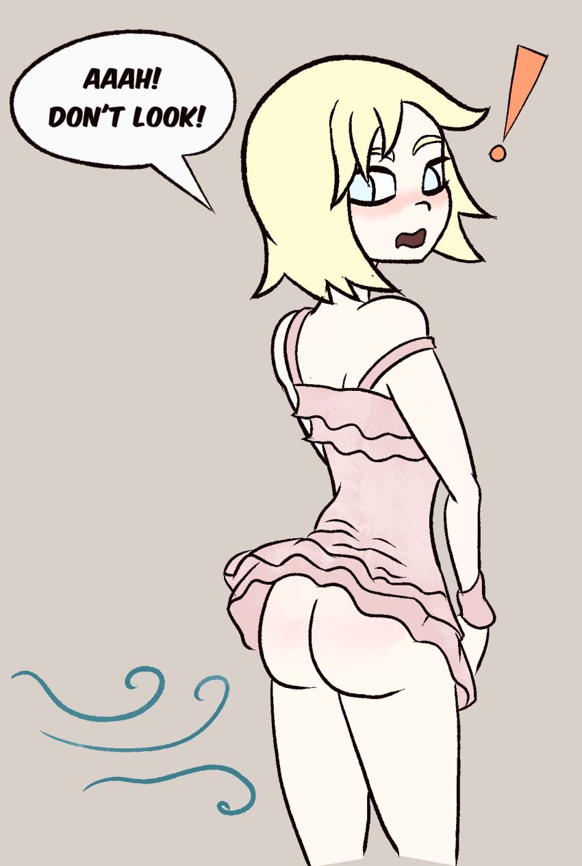 ! 1girls ass ass_focus back_view bare_shoulders blonde_hair blue_eyes blush dress female lisa_miller looking_back partially_clothed scott_pilgrim short_hair skirt_lift solo solo_female strap_slip zajokeyaknow