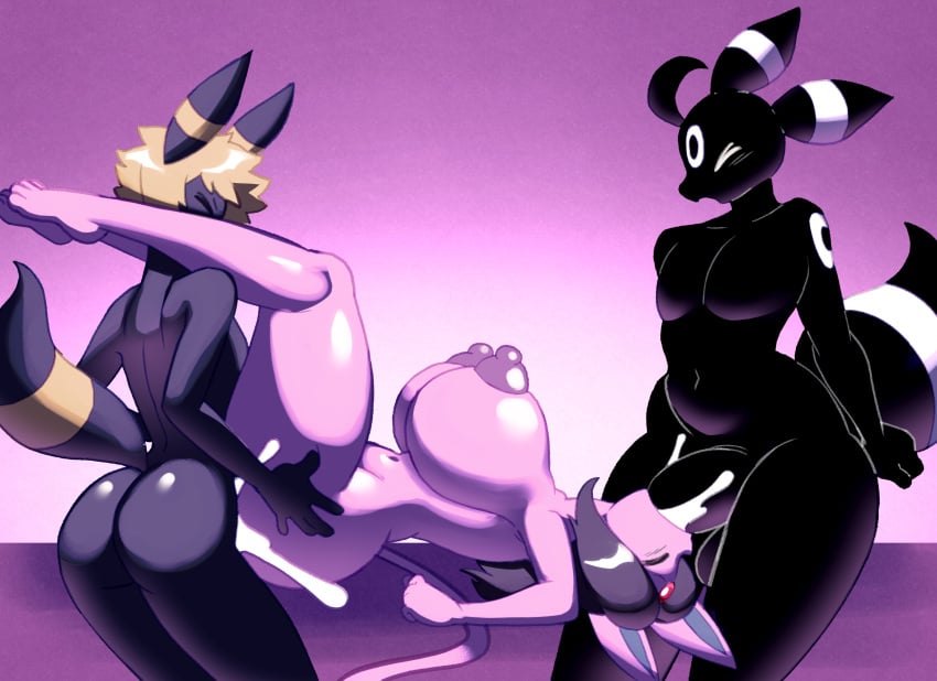 2022 absurd_res ahoge angstrom anthro anthrofied axel_(hoodielazer) balls big_breasts black_body black_hair blonde_hair bodily_fluids breasts closed_eyes cum digital_media_(artwork) double_penetration eeveelution espeon fellatio female generation_2_pokemon genital_fluids genitals group group_sex gwen_(hoodielazer) hail_(7th-r) hair hi_res leg_grab male male/female mammal navel nintendo nipples open_mouth oral oral_penetration penetration penile penis pokemon pokemon_(species) pokemorph purple_background purple_body purple_nipples sex simple_background spitroast tail thigh_grab threesome trio umbreon