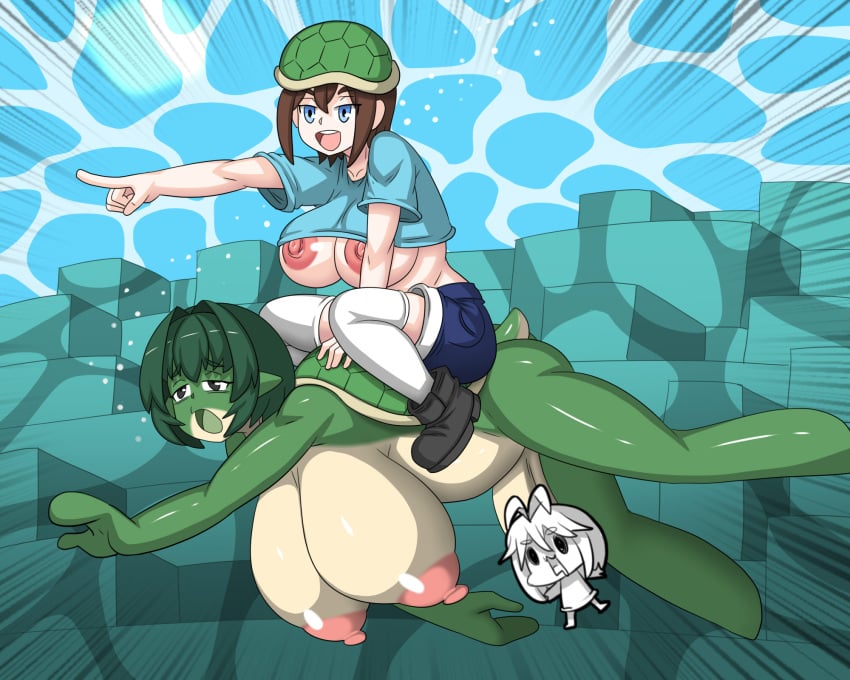 1futa 1girls big_breasts breasts brown_hair censored clothed clothing comic dr.bug erection female fully_clothed futa_sans_balls futanari huge_breasts human humanoid light-skinned_female light_skin minecraft monster_girl nude penis pet_play short_hair squatting stella_(femsteve) turtle turtle_(minecraft) turtle_girl