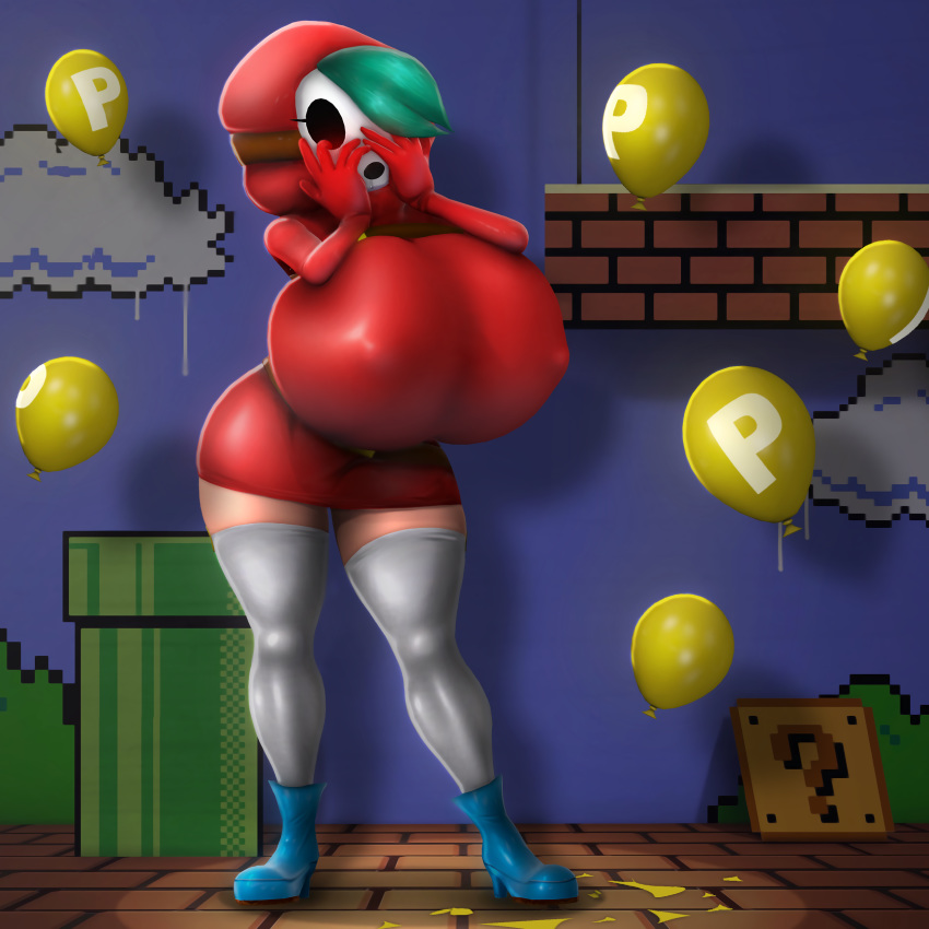 3d 3d_(artwork) blush breast_expansion breast_inflation colored_background drool huge_breasts mario_(series) nintendo nipple_bulge p-balloon power_up raikovjaba shy_gal shy_gal_red super_mario_bros. super_mario_bros._(nes) super_mario_world thigh_highs thighhighs