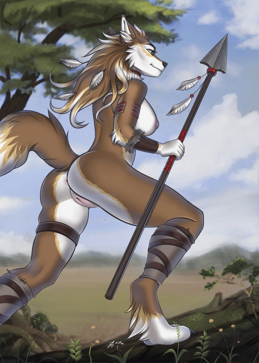 2024 anthro anus areola armwear ass biped black_nose blue_sky brown_body brown_fur canid canine cheek_tuft claws clothing cloud day digital_media_(artwork) eyebrows eyelashes facial_tuft feathers feet female fur genitals grass green_eyes hair hi_res hindpaw holding_object holding_spear holding_weapon inner_ear_fluff legwear long_hair mammal melee_weapon mostly_nude nipples novery outside paws pink_areola pink_nipples plant polearm pussy shaded sky solo spear toe_claws tree tribal tuft weapon white_body white_fur white_inner_ear_fluff