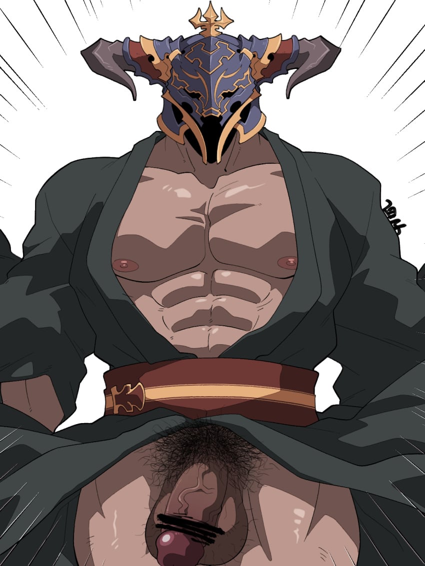 1boy 41raco abs bar_censor bara censored chest draph flaccid fundoshi granblue_fantasy helmet highres horns japanese_clothes kirupi large_penis male_focus male_only male_pubic_hair muscle nipples pectorals penis pubic_hair short_hair simple_background solo testicles thick_thighs thighs upper_body vaseraga