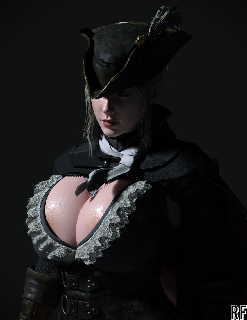 3d black_background bloodborne cloak highres hunter_(bloodborne) lady_maria_of_the_astral_clocktower large_breasts rude_frog shaded_face white_hair