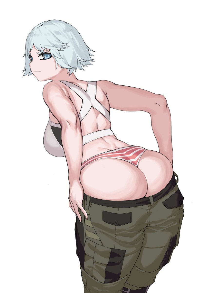 1girls albino ass big_ass blue_eyes cinko female female_only iana_(rainbow_six) panties pants_down rainbow_six rainbow_six_siege simple_background struggling struggling_to_fit tagme thong tom_clancy white_background white_hair