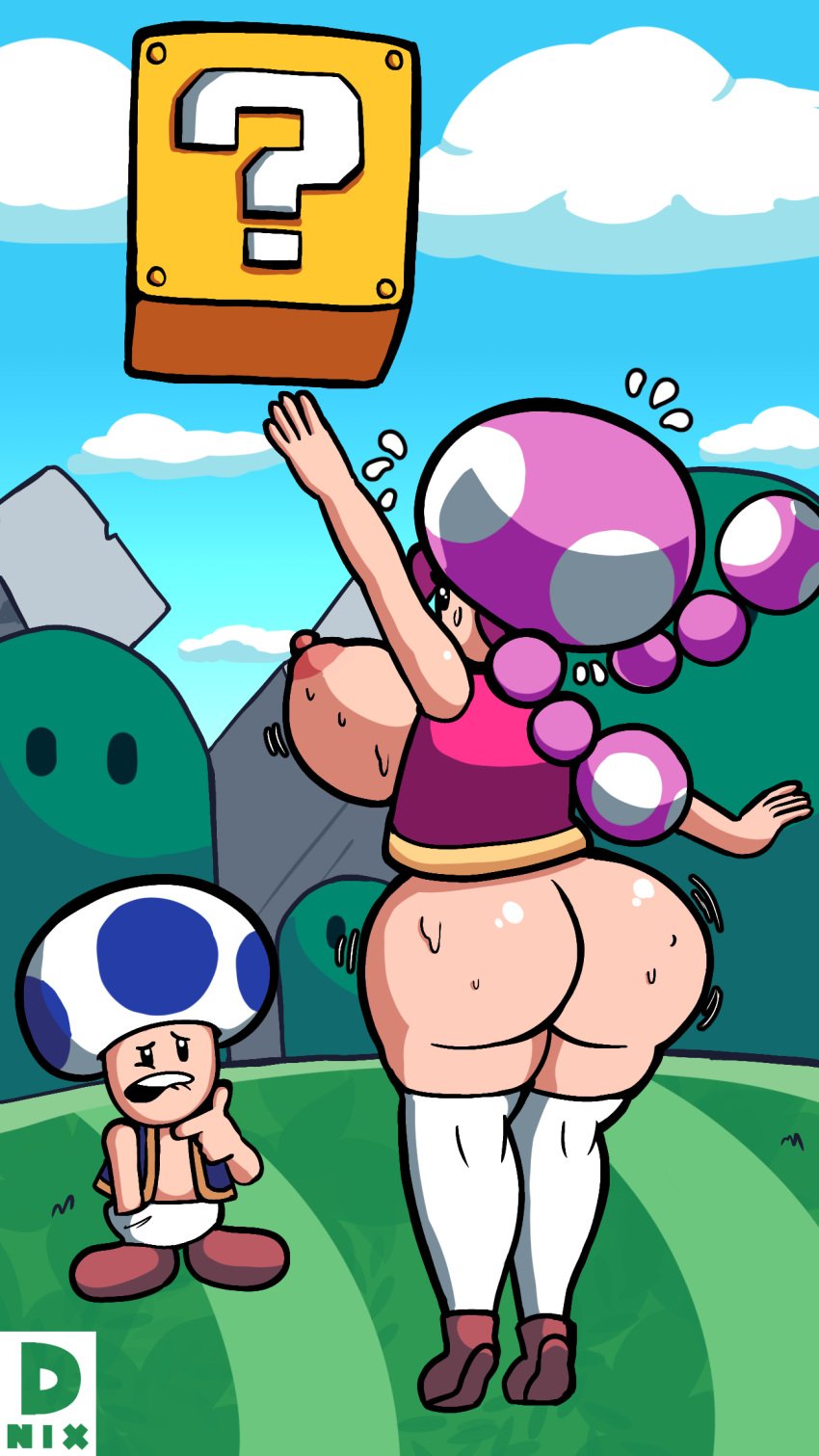 1boy 1girls ?_block ass big_ass big_breasts big_butt big_thighs black_eyes breasts brown_shoes clothed_male clothed_male_nude_female clothing dated dnix duo female female_focus humanoid light-skinned_female light-skinned_male light_skin male mario_(series) mushroom mushroom_humanoid naked naked_female nintendo nipples nude nude_female outdoors outside pink_hair pure_concentrated_autism reaching_up shoes stockings super_mario_bros. thick thick_ass thick_butt thick_hips thick_thighs thighhighs thighs toad_(mario) toadette twintails vest white_stockings white_thighhighs wide_hips