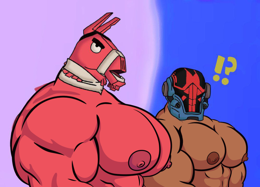 1animal 1human anthro brown_body danblaster2 fortnite fortnite:_battle_royale helmet helmet_only huge_pecs llama looking_at_another meme muscles muscular muscular_anthro muscular_male nipples pecs pectorals pink_nipples pink_skin red_body