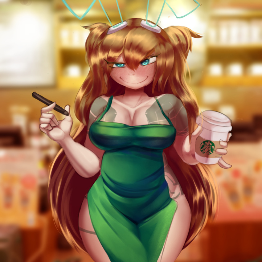 apron background blonde_hair blue blurry blush breasts brown cafe cleavage coffee collarbone eyes female friday_night_funkin hips indoors looking lucy_liskova_(lucy_liskova) marker meme naked pen pokatz smile solo