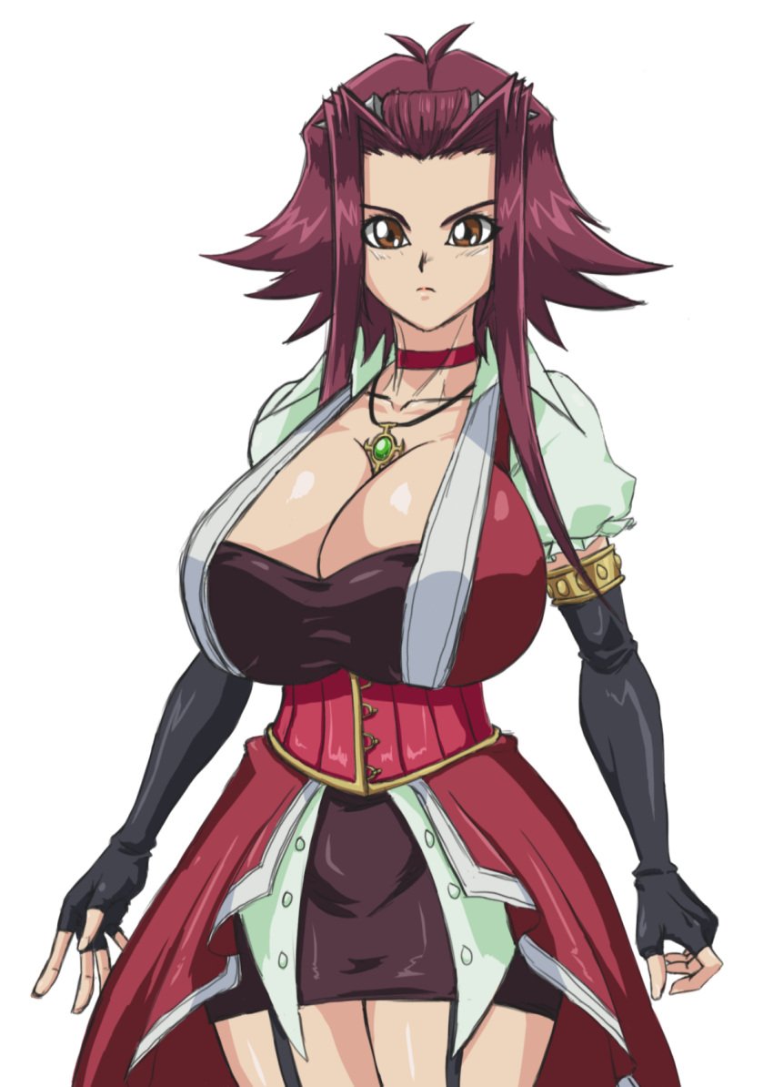 1girls akiza_izinski alternate_breast_size big_breasts bimbo breasts cleavage female gigantic_breasts huge_breasts impossible_clothes impossible_clothing impossible_shirt izayoi_aki large_breasts red_hair solo solo_female yu-gi-oh! yu-gi-oh!_5d's zahkey