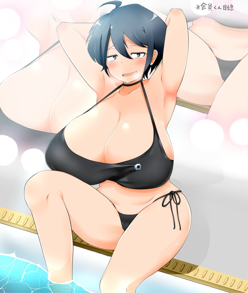 1girls 30th_video_rentals bikini black_bikini blush breasts female huge_breasts indie_virtual_youtuber kataochi_chuuko kirihara_yui poolside virtual_youtuber