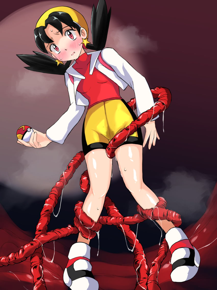 beret bike_shorts black_hair blush crystal_(pokemon) drooling female flipped_hair game_freak genital_fluids helpless kris_(pokemon) medium_breasts milkcarton_man monster mouth_drool nintendo open_mouth pigeon-toed pokemon pokemon_adventures pokemon_character pokemon_special precum precum_drip precum_string restrained spats sportswear star_earrings tentacle tentacles_around_legs vaginal_juice_drip vaginal_juice_trail vaginal_juices wet_clothes wet_tentacles wet_vagina yellow_beret yellow_bike_shorts