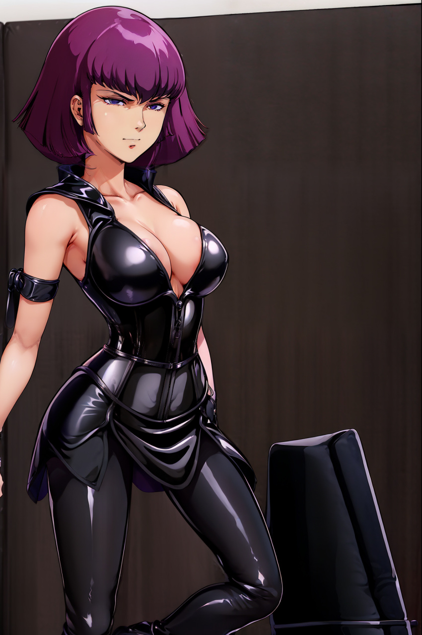 1girls ai_generated black_legwear black_stockings blue_eyes bob_cut female female_focus female_only femdom gundam haman_karn ktsm leather leather_clothing leather_dress legwear magenta_hair nai_diffusion sole_female solo solo_female solo_focus stable_diffusion stockings zeta_gundam