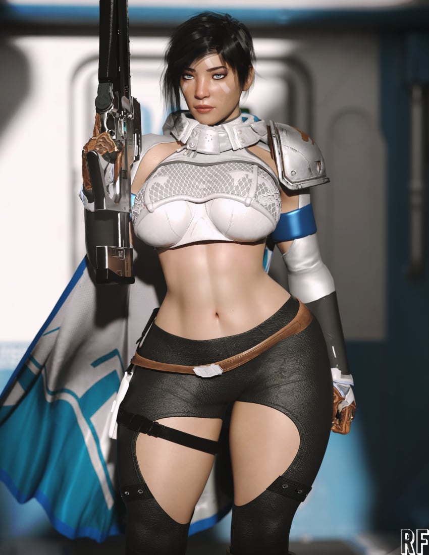 3d ana_bray athletic_female black_hair blue_eyes brown_belt bungie cape curvy_female destiny_(game) destiny_2 fit_female freckles_on_face guardian_(destiny) gun highres holding_gun holster hunter_(destiny) rude_frog thigh_strap white_markings