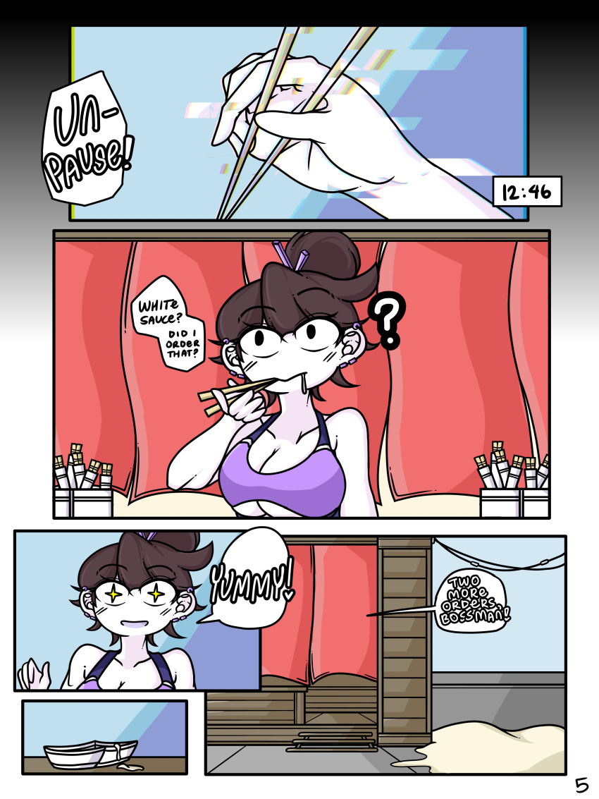 1girls 2020 ? absurd_res ahoykoi alternate_body_type alternate_breast_size breasts chopsticks chopsticks_in_hair comic comic_page dark_brown_hair day dialogue ear_piercing eating eating_food english_text food food_stand hi_res inside jaiden jaiden_animations jaidenanimations jojo_reference koianimations looking_pleasured page_5 page_number pierced_ears piercing purple_swimsuit purple_swimwear raised_eyebrow speech_bubble star_shaped_pupils swimsuit swimwear symbol-shaped_pupils talking_to_another talking_to_self text text_bubble thought_bubble time_stop youtube youtuber