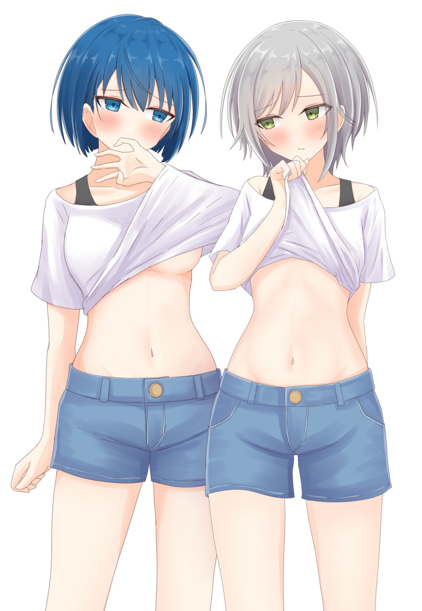 anime anime_style belly blue_eyes blue_hair blush bra gray_hair green_eyes hinomori_shiho kiritani_haruka lifted_shirt more_more_jump!_(project_sekai) project_sekai side_eye tagme