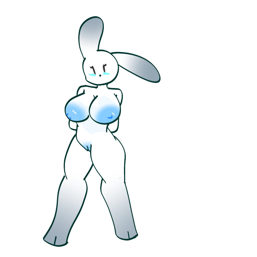 anthro areola asmunchin big_areola big_breasts blue_areola blue_pussy blush breasts cari_(probablydemo) digital_media_(artwork) eyelashes female front_view fur genitals hands_behind_back hi_res lagomorph leporid long_ears looking_at_viewer mammal mouthless nipples nude one_ear_up pussy rabbit simple_background simple_eyes solo standing white_background white_body white_fur