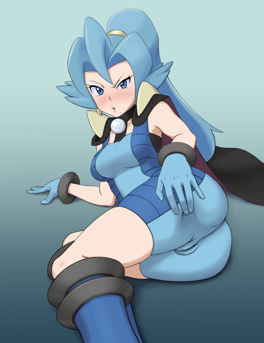 1girls ass blue_eyes blue_hair blush bodysuit boots breasts cameltoe clair_(pokemon) clair_(pokemon_hgss) earrings eye_contact female gloves high_heel_boots long_hair looking_at_viewer miraa_(chikurin) nintendo pale-skinned_female pale_skin pokemon pokemon_gsc pokemon_hgss ponytail thighs