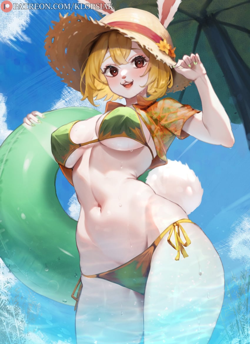 anime anime_style beach big_breasts bikini blonde_hair bunny_ears bunny_girl bunny_tail carrot_(one_piece) cute female female_only happy hat klopsiak low-angle_view one_piece open_mouth red_eyes shirt short_hair shorts sky smile straw_hat water wet wet_shirt white_fur