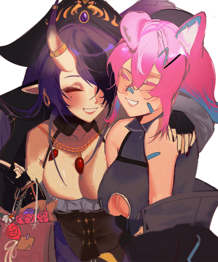 2girls arm_around_shoulder bare_shoulders blue_eyes blush breasts choker cleavage closed_eyes collarbone dog_ears dog_girl eyepatch female fingerless_gloves food gloves grin hannahhyrule hood horns hug jacket jewelry large_breasts long_hair multiple_girls nail_polish necklace pink_hair pointy_ears purple_hair short_hair smile virtual_youtuber vyugen yuniiho_(character) yuri