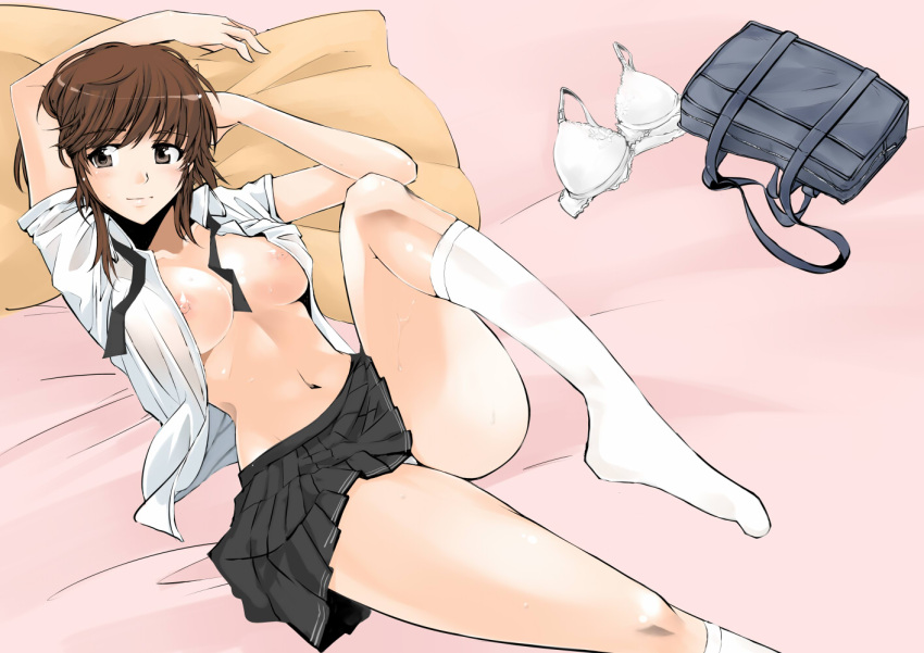 amagami blush bra breast_slip breasts brown_eyes brown_hair clothing cosaten female female footwear kibito_high_school_uniform large_breasts lingerie messy_hair nipple_slip nipples no_bra open_clothes open_shirt panchira pantsu sakurai_rihoko school_uniform shirt short_hair short_sleeves skirt socks solo student teen teen_girl teenage teenage_girl teenager underwear uniform wallpaper white_bra white_underwear